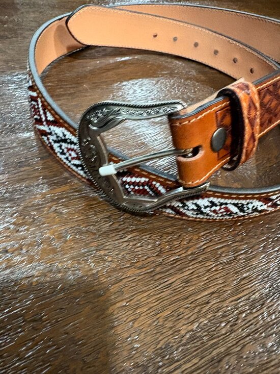 Western Belt Accessories - Western Belt Unisex Tan Tooled Leather Cowboy Cowgirl Western Buckle Sz 44 x1.5"